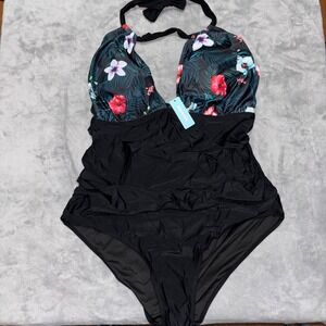 Aqua Eve Swimsuit One Piece Womens 24W Black Tropical Halter Neck Tummy Control